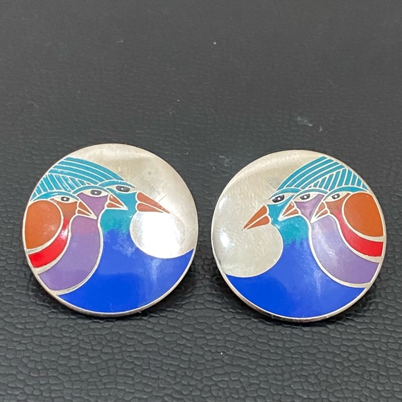 LAUREL BURCH Signed Celestial Birds Enamel Silver-tone Round Post Earrings 11.6g - Picture 4 of 12